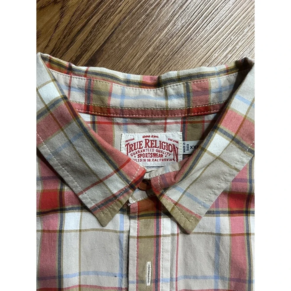 True Religion Shirt Plaid Button Up Men's Long Sleeve Casual Beige‎ XXXL